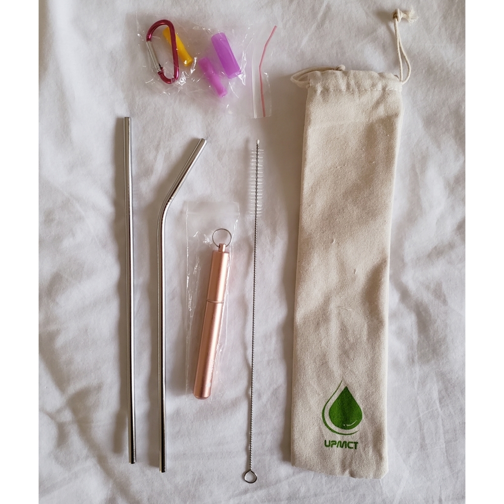 Reusable Stainless Steel Straw Set w Silicone Tips